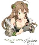  :q ahoge anmi artist_name black_gloves bow breasts brown_hair choker cleavage cropped dated double_bun fingerless_gloves fur_trim girls_frontline gloves green_eyes hair_between_eyes hair_bow half_updo handheld_game_console highres long_hair long_sleeves medium_breasts off_shoulder photo rfb_(girls_frontline) signature single_glove smile solo strap_slip thank_you third-party_edit tongue tongue_out upper_body 