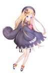  abigail_williams_(fate/grand_order) bangs black_bow black_dress black_hat blonde_hair blue_eyes blush bmo_(zero1017) bow bug butterfly closed_mouth commentary_request dress fate/grand_order fate_(series) hair_bow hat high_heels highres insect long_hair long_sleeves looking_at_viewer object_hug orange_bow parted_bangs polka_dot polka_dot_bow purple_footwear shoes simple_background sleeves_past_fingers sleeves_past_wrists solo stuffed_animal stuffed_toy teddy_bear very_long_hair white_background 