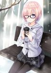  bangs bare_tree bench black_legwear black_skirt blush coffee_cup commentary_request cup disposable_cup duffel_coat eyebrows_visible_through_hair fate/grand_order fate_(series) hair_over_one_eye hands_up harimoji highres lavender_hair legs_together light_smile looking_at_viewer mash_kyrielight miniskirt outdoors pantyhose park_bench parted_lips pink_hair plaid plaid_skirt pleated_skirt purple_eyes short_hair skirt smile snow solo tareme tree 