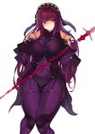  armor bad_id bad_twitter_id bodysuit breasts covered_navel curvy fafas68 fate/grand_order fate_(series) highres large_breasts long_hair pauldrons polearm purple_bodysuit purple_hair scathach_(fate)_(all) scathach_(fate/grand_order) shoulder_armor solo spear thick_thighs thighs veil weapon wide_hips 