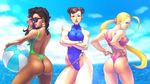  adjusting_clothes adjusting_swimsuit ahoge alternate_hairstyle ass asymmetrical_hair back ball bare_shoulders beach beachball bikini black_hair blonde_hair blue_eyes breasts brown_eyes brown_hair cammy_white chain choker chun-li competition_swimsuit cornrows crossed_arms dark_skin day double_bun earrings flower gold_chain green_swimsuit hair_flower hair_ornament highleg highleg_bikini highleg_swimsuit highres huge_ahoge jewelry josef_axner laura_matsuda lips long_hair medium_breasts multiple_girls muscle nose ocean one-piece_swimsuit one-piece_thong outdoors pink_scrunchie ponytail scrunchie street_fighter street_fighter_v sunglasses swimsuit tankini thick_thighs thighs thong_bikini toned 