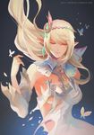  2017 blonde_hair bug butterfly closed_eyes detached_sleeves dress earrings elezen elf final_fantasy final_fantasy_xiv floating_hair gradient gradient_background headdress highres insect jewelry long_hair pointy_ears preyanan_suwanpramote torn_clothes watermark web_address white_dress white_mage 