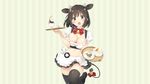  animal_ears apron black_eyes black_hair bow breasts cleavage cowgirl horns maid navel original peko short_hair stockings tail thighhighs 