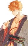  bad_id bad_twitter_id emiya_shirou fate/grand_order fate_(series) igote japanese_clothes kimono limited/zero_over looking_down male_focus nipple_slip nipples orange_hair parted_lips simple_background solo toned toned_male white_background yellow_eyes 