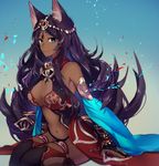  absurdres animal_ears bare_shoulders black_hair blue_eyes breasts bridal_gauntlets cleavage dark_skin fate/grand_order fate_(series) forehead_jewel gem head_chain highres kakisi1328 large_breasts long_hair looking_at_viewer navel queen_of_sheba_(fate/grand_order) revealing_clothes sitting smile solo thighhighs 