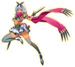  armpits ass_visible_through_thighs black_gloves black_ribbon blue_hair breasts covered_mouth dark_skin dual_wielding frills full_body gloves grey_legwear hair_ribbon high_heels holding holding_sword holding_weapon irma looking_at_viewer medium_breasts official_art panties pink_eyes purple_scarf queen's_blade queen's_blade_unlimited ribbon scarf short_hair solo sword thighhighs transparent_background underboob underwear v-shaped_eyebrows weapon white_panties 