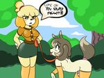  2017 animal_crossing anthro breasts butt canine clothed clothing digital_media_(artwork) dog domination eyeshadow female female_domination fur girly hair humiliation isabelle_(animal_crossing) legwear makeup male mammal mascara nintendo penis percey percey_(character) submissive tongue video_games yellow_fur 
