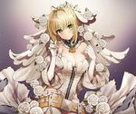  ahoge bad_id bad_pixiv_id bare_shoulders belt blonde_hair blush breasts bridal_veil burnt_clothes chain cleavage closed_mouth contrapposto cowboy_shot detached_collar detached_sleeves elbow_gloves eyebrows_visible_through_hair fate/extra fate_(series) gambe garter_belt gloves gradient gradient_background green_eyes hair_intakes head_tilt highres large_breasts leotard light_particles lock long_sleeves looking_at_viewer nero_claudius_(bride)_(fate) nero_claudius_(fate)_(all) padlock purple_background shiny shiny_hair short_hair sidelocks smile solo sparkle standing strapless strapless_leotard veil waist_cape white_gloves white_leotard white_sleeves wide_sleeves 