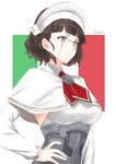  breasts brown_eyes brown_hair capelet detached_sleeves glasses hand_on_hip hat headdress highres italian_flag kantai_collection large_breasts morinaga_miki pince-nez roma_(kantai_collection) shirt short_hair sleeveless sleeveless_shirt solo 