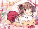  blush bow brown_eyes brown_hair long_hair original pan_(mimi) ribbons skirt teddy_bear thighhighs twintails waifu2x wink 