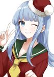  ;) absurdres bangs blue_eyes blue_hair blunt_bangs blush flipped_hair fur_trim hand_up hat hatsukaze_(kantai_collection) highres kantai_collection long_hair long_sleeves looking_at_viewer morinaga_miki neckerchief necktie one_eye_closed red_hat santa_costume santa_hat school_uniform serafuku shiny shiny_hair sidelocks simple_background smile solo straight_hair sweat tareme upper_body v white_background yellow_neckwear 