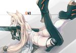  ass bangs bee_(deadflow) blonde_hair blush butt_crack character_name dutch_angle eyebrows_visible_through_hair flat_ass from_behind g41_(girls_frontline) girls_frontline gun h&amp;k_g41 hair_bobbles hair_ornament holding holding_gun holding_weapon long_hair looking_at_viewer looking_back lying mechanical_arms on_stomach open_mouth panties red_eyes rifle sidelocks single_thighhigh solo thighhighs thighs tsurime underwear very_long_hair weapon white_legwear white_panties 