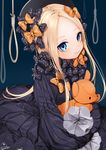  abigail_williams_(fate/grand_order) artist_name bangs black_bow black_dress black_hat blonde_hair blue_eyes bow closed_mouth dated dress fate/grand_order fate_(series) forehead gotoh510 hair_bow hat highres long_hair long_sleeves looking_at_viewer noose orange_bow parted_bangs polka_dot polka_dot_bow simple_background smile solo stuffed_animal stuffed_toy teddy_bear 