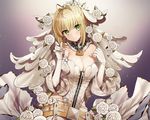  blonde_hair breasts chain cropped elbow_gloves fate/grand_order fate_(series) flowers gambe gloves gradient green_eyes saber saber_bride short_hair 