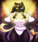  2017 abstract_background absurd_res big_breasts breasts clothed clothing digital_media_(artwork) feline female fur hair headwear heterochromia hi_res invalid_color jewelry looking_at_viewer magic magic_user mammal miso_souperstar moonlight_(miso_souperstar) sash solo standing thick_thighs wide_hips 