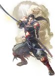  absurdres armor black_hair cloud full_body hakama_pants highres holding holding_weapon japanese_armor japanese_clothes katana kawano_takuji kote lightning male_focus mitsurugi_heishirou ponytail rope_belt samurai sandals sheath shoulder_armor sode solo soulcalibur soulcalibur_vi sword tiger weapon 