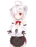  adjusting_clothes apron azur_lane bolt bow bowtie breasts cleavage commentary_request detached_sleeves hair_over_one_eye large_breasts looking_at_viewer meuneyu red_eyes short_hair simple_background sleeves_past_wrists solo sweat terror_(azur_lane) white_background white_hair 