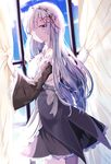  alternate_eye_color alternate_hair_color alternate_hair_length alternate_hairstyle bad_id bad_pixiv_id blue_sky cloud cloudy_sky commentary curtains detached_sleeves highres long_hair looking_at_viewer maid maid_headdress miyo_(user_zdsp7735) opening re:zero_kara_hajimeru_isekai_seikatsu rem_(re:zero) silver_eyes silver_hair sky smile solo window 