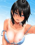  arm_up black_hair blue_bra blue_eyes blush bra breasts breath cleavage crying crying_with_eyes_open dutch_angle hair_between_eyes highres key_(kagibangou) lace lace-trimmed_bra large_breasts lips looking_at_viewer medium_hair nipple_slip nipples one-piece_tan original parted_lips shiny shiny_hair simple_background solo strap_slip tan tanline tears underwear upper_body wet wet_hair 