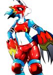  anthro blue_skin breasts camel_toe claws clothed clothing digimon digital_media_(artwork) edit female flamedramon looking_at_viewer mammal red_eyes simple_background solo thick_thighs unknown_artist video_games white_background 
