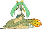  2017 animal_humanoid blush bra breasts capcom clothed clothing fangs female green_hair green_scales hair humanoid long_hair monster_hunter naga najarala navel open_mouth orange_eyes pigtails reptile scales scalie signature skirt snake solo teeth under_boob underwear video_games watermark yoshida_hideyuki 