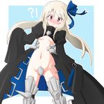  :&gt; armor armored_boots atair blonde_hair blue_ribbon blush boots breasts cosplay crotch_plate eyebrows_visible_through_hair fate/extra fate/extra_ccc fate/kaleid_liner_prisma_illya fate_(series) hair_ribbon illyasviel_von_einzbern juliet_sleeves leaning_to_the_side long_hair long_sleeves looking_at_viewer md5_mismatch meltlilith meltlilith_(cosplay) navel puffy_sleeves red_eyes revealing_clothes ribbon sleeves_past_wrists small_breasts solo tears underboob 