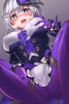  1girl ascot blue_eyes blush braid breasts drooling erect_nipples eyebrows_visible_through_hair gloves hair_between_eyes heart heart-shaped_pupils honkai_(series) honkai_impact_3 kallen_kaslana large_breasts long_hair long_sleeves looking_at_viewer mask masturbation myurumyuru naughty_face pants puffy_long_sleeves puffy_sleeves purple_gloves purple_pants self_fondle silver_hair simple_background single_braid sixth_serenade solo spread_legs sweat symbol-shaped_pupils 