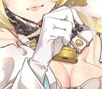  blonde_hair breasts chain cleavage close-up closed_mouth cosplay dress fate/extra fate/extra_ccc fate_(series) gloves head_out_of_frame jewelry large_breasts light_smile lips lock long_sleeves necklace nero_claudius_(bride)_(fate) nero_claudius_(fate)_(all) pink_lips solo veil westxost_(68monkey) white_dress white_gloves wide_sleeves 
