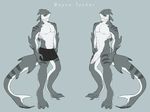  anthro blue_background blush bulge clothed clothing english_text erection fish hi_res looking_at_viewer male marine multiple_poses muscular muscular_male penis pose shark simple_background solo stripes text topless twistedaart wayne 