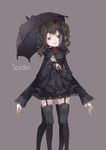 bad_id bad_pixiv_id black_dress black_hair black_legwear blush brown_eyes bug dress extra_legs fangs fangs_out feet_out_of_frame garter_straps grey_background head_tilt highres holding holding_umbrella monster_girl multiple_arms original parted_lips rymel see-through simple_background smile solo spider standing twintails umbrella veil 