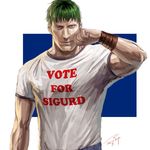  alternate_costume arden_(fire_emblem) brown_eyes clenched_hand closed_mouth clothes_writing commentary_request dated english fire_emblem fire_emblem:_seisen_no_keifu fire_emblem_heroes green_hair hand_up ippei_soeda looking_at_viewer male_focus multicolored multicolored_background muscle napoleon_dynamite parody realistic serious shirt signature solo two-tone_background upper_body white_shirt wristband 