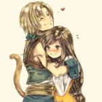  1boy 1girl black_hair blonde_hair blush bodysuit brown_eyes choker commentary_request final_fantasy final_fantasy_ix garnet_til_alexandros_xvii gloves heart hug long_hair low-tied_long_hair orange_bodysuit smile tail zidane_tribal 