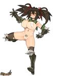  areolae armor armored_boots black_hair blush boots breasts covered_nipples end_breaker! full_body gauntlets hair_ribbon large_breasts logo long_hair looking_at_viewer navel o-ring o-ring_bikini official_art revealing_clothes ribbon ryoji_(nomura_ryouji) simple_background solo spikes twintails white_background yellow_eyes 