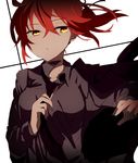  :&lt; alternate_costume black_jacket black_neckwear breasts closed_mouth eyebrows_visible_through_hair fate/grand_order fate_(series) fujimaru_ritsuka_(female) grey_shirt hair_between_eyes hiiragi_fuyuki jacket long_sleeves looking_at_viewer medium_breasts necktie one_side_up red_hair shirt short_hair solo undressing upper_body white_background yellow_eyes 