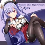  ajax_(azur_lane) azur_lane black_legwear capelet character_name collar commentary_request couch crossed_legs detached_sleeves hat hebitsukai-san highres lavender_hair long_hair looking_at_viewer pantyhose parted_lips purple_eyes remodel_(azur_lane) sitting smile smirk solo two_side_up v-shaped_eyebrows white_capelet 