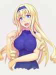 :d bangs bare_arms bare_shoulders blonde_hair blue_dress blue_eyes blue_hairband blush breasts cecilia_alcott commentary_request cropped_torso dress drill_hair eyebrows_visible_through_hair grey_background hair_between_eyes hairband impossible_clothes infinite_stratos large_breasts long_hair looking_at_viewer open_mouth simple_background smile solo upper_body yuuji_(and) 