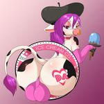  2017 anthro armwear balls beret big_butt bovine butt cattle clothing dairy_air dessert english_text food girly gradient_background hair hat hi_res holding_food holding_object ice_cream laiche long_hair looking_at_viewer male mammal simple_background solo suirano text 