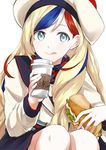  :q absurdres bad_revision black_skirt blonde_hair blue_eyes blue_hair blush closed_mouth coffee_cup commandant_teste_(kantai_collection) cup disposable_cup food hat highres holding holding_cup holding_food kantai_collection knees lips long_hair long_sleeves looking_at_viewer md5_mismatch morinaga_miki multicolored multicolored_clothes multicolored_hair multicolored_scarf plaid plaid_scarf red_hair sailor_collar sandwich scarf signature simple_background skirt solo squatting streaked_hair tareme tongue tongue_out upper_body very_long_hair white_background white_hair white_hat 