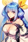  1girl asymmetrical_wings blue_hair breasts choker cleavage dizzy guilty_gear guilty_gear_xrd highres kin_mokusei large_breasts long_hair looking_at_viewer red_eyes ribbon simple_background smile solo wings yellow_ribbon 