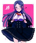  1girl blue_eyes blue_hair breasts danganronpa eyewear glasses hands huyandere long_hair long_skirt matching_hair/eyes new_danganronpa_v3 ribbon school_uniform shirogane_tsumugi shirt skirt smile solo suspenders uniform white_shirt 