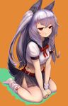  :t animal_ears azur_lane bangs belt belt_buckle braid breasts buckle closed_mouth crop_top enumiyan eyebrows eyebrows_visible_through_hair fake_animal_ears gradient gradient_background grey_skirt hair_between_eyes hair_ornament half-closed_eyes heart highres jitome lavender_hair long_hair midriff miniskirt no_pupils orange_background paw_print pleated_skirt puffy_short_sleeves puffy_sleeves red_belt red_eyes red_neckwear red_ribbon ribbon sailor_collar school_uniform serafuku shirt short_sleeves side_braid side_slit single_braid sitting skirt small_breasts socks solo straight_hair tail tail_raised tattoo thick_eyebrows two_side_up v_arms very_long_hair wariza white_legwear white_shirt wolf_ears wolf_tail wristband yuudachi_(azur_lane) 