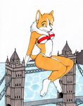  anthro bikini bridge building canine city clothing corgi dog england feet female fur green_eyes looking_at_viewer macro mammal mane sitting sky solo swimsuit tierafoxglove tongue 