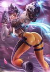  1girl artist_name ass brown_hair cameltoe from_behind goggles gun jacket lips looking_back ninjartist overwatch short_hair skin_tight solo spiked_hair tracer_(overwatch) weapon web_address 