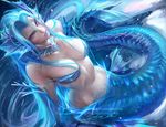  blue_hair blue_scales female fin fish_tail hair head_fin ice jewelry marine merfolk necklace pink_eyes sakimichan scales sitting snow solo water 