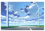  cloud cloudy_sky commentary_request day grass hariken highres lake nature no_humans original outdoors revision road scenery sky water wind_turbine windmill 