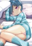  1girl :o arm_up ass bangs bed_sheet blue_hair blue_legwear blue_shirt commentary_request eyebrows_visible_through_hair hair_over_one_eye head_tilt long_sleeves looking_at_viewer lying minami_(niiya) niiya no_shoes on_side original panties parted_lips pillow pink_panties purple_eyes shirt socks solo striped striped_legwear striped_shirt underwear vertical-striped_legwear vertical_stripes 