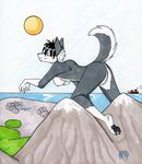  anthro breasts building canine city claws female giga green_eyes invalid_tag macro mammal mega_macro mountain nipples nude pawpads pawprint paws pussy raised_leg sea solo sun tierafoxglove toe_claws water wolf 