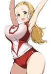  :d armpits arms_up blonde_hair breasts buruma forehead girls_und_panzer gorua_(youce01) hair_pulled_back hairband large_breasts long_hair open_mouth sasaki_akebi smile sportswear volleyball_uniform 