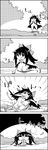  bow cloak comic commentary_request falling greyscale hair_bow highres hole kneeling long_hair monochrome nature no_humans reiuji_utsuho shaded_face smile tani_takeshi touching touhou translation_request yukkuri_shiteitte_ne 