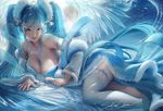  blue_eyes blue_hair blue_theme breasts cloak clothing colored_nails dress female hair hair_bell humanoid jewelry league_of_legends legwear looking_at_viewer lying necklace pigtails ribbons riot_games sakimichan snowflake solo sona_(lol) thigh_highs video_games winged_humanoid wings 